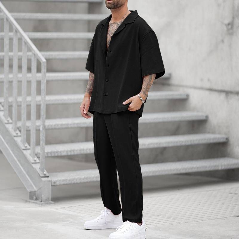 2025 Summer Fashion Two Piece Suits Men's Clothing Casual Short Sleeve Lapel Button Shirt And Pants Set For Men Leisure Outfits_voghion.com