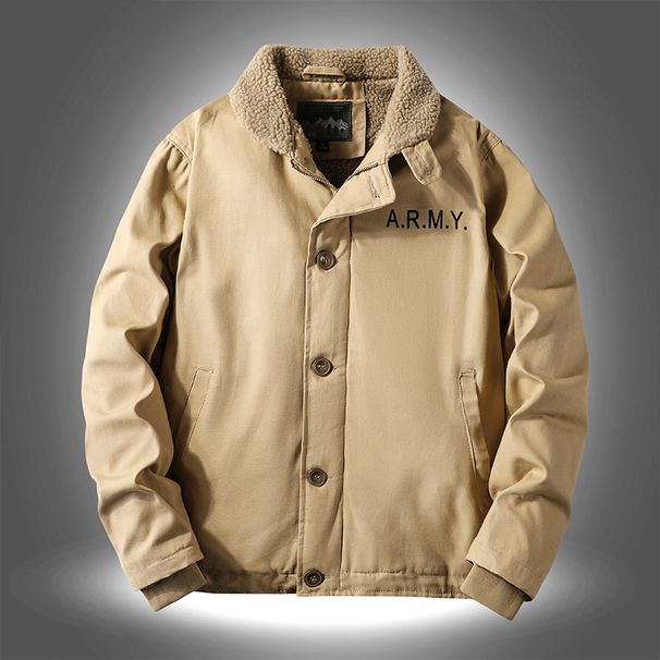 Men's Workwear Jacket – Heavyweight Cotton With Fleece Lining, Military-Style Winter Coat(M-5XL, Khaki/Green/Navy, Button-Up Collar)_voghion.com