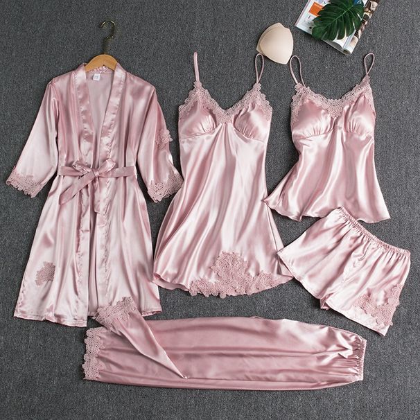 Damenbekleidung Pyjamas Damen Sommer Eisseide sexy heiß Erwachsene Frühling und Herbst langärmelige dünne Damen Nachthemd fünfteiliger Anzug mehrfarbig_voghion.com