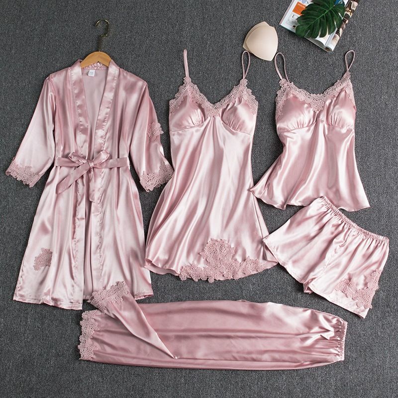 Women's Clothing Pajamas women summer ice silk sexy hot adult spring and autumn long sleeved thin women's nightgown five piece suit multi color_voghion.com