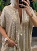 Women’s Clothing Women's New Loose Sequined V-neck Short-sleeved Casual Shirt_voghion.com