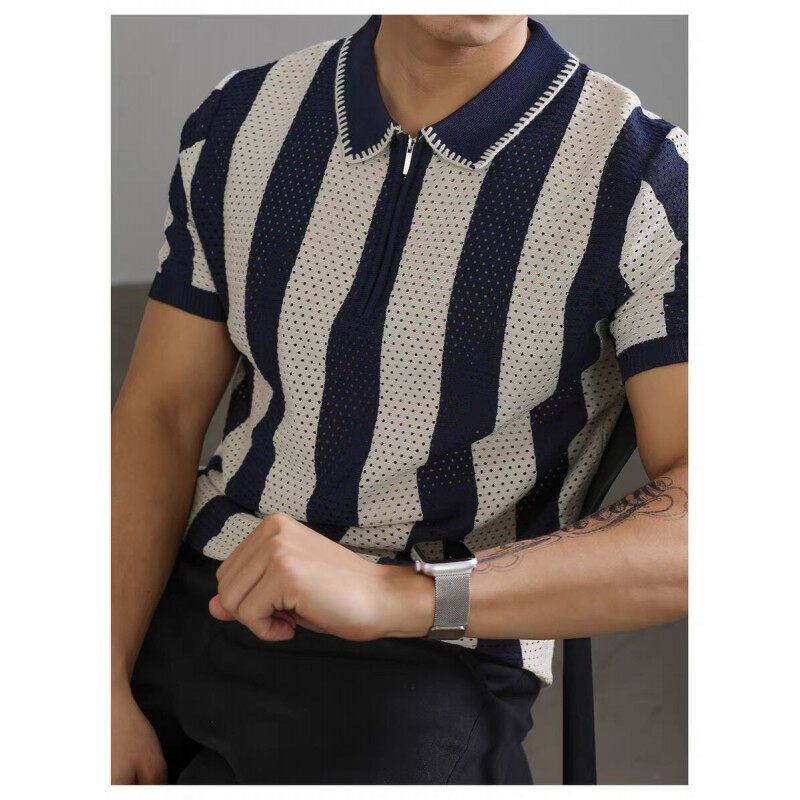 Haut rayé en tricot creux rétro à revers et demi-fermeture éclair pour homme_voghion.com