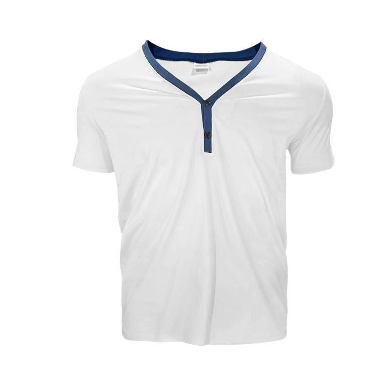 Camiseta Henley de manga corta de verano 2024, informal, con cuello en V y bloques de color para hombre_voghion.com
