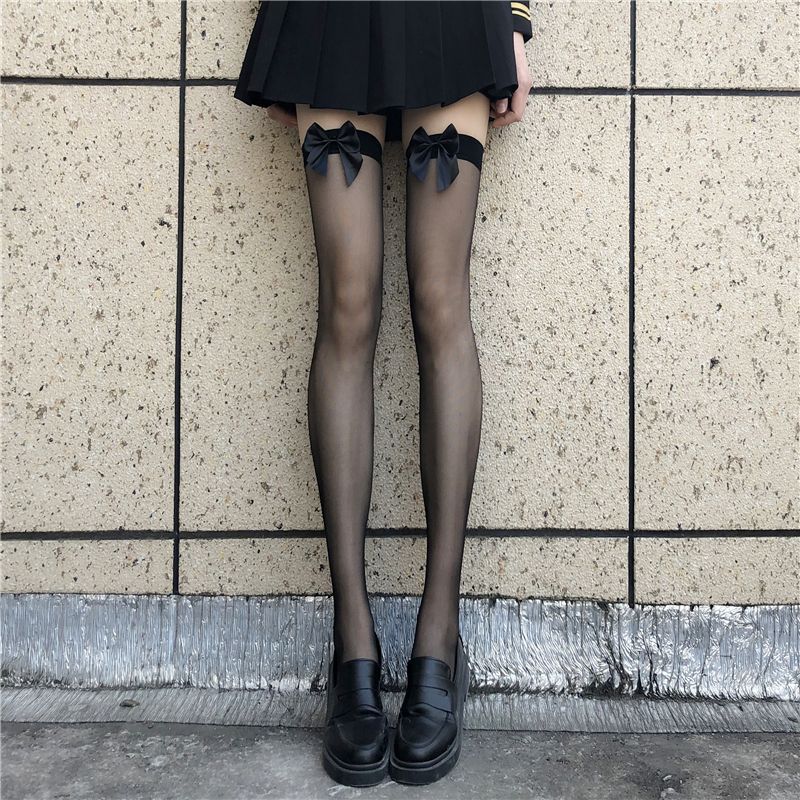 Calze lunghe sopra il ginocchio sottili e alla moda nere con nodo a farfalla JK Sexy Pure Desire, calze bianche con bordo in pizzo_voghion.com