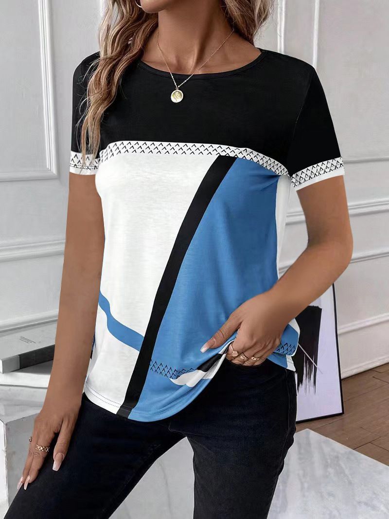 Women's Clothing multi-color digital printing color matching geometric printing short-sleeved T-shirt spot_voghion.com