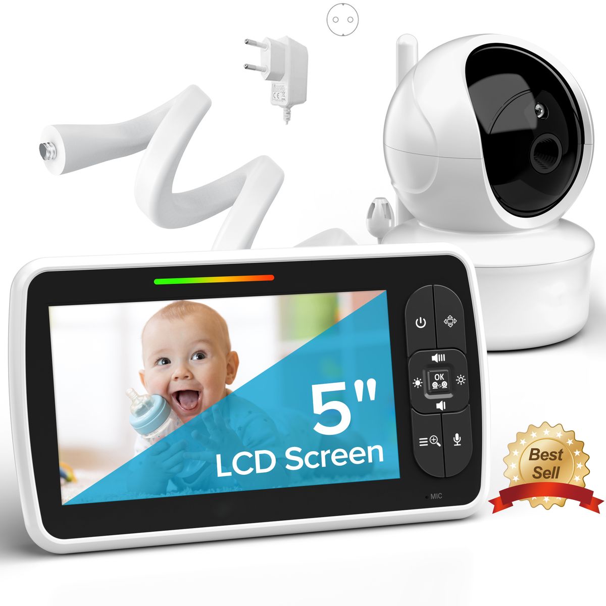 5 Inch Wireless Video Baby Monitor With Baby Camera Holder 30-Hour Battery Pan-Tilt-Zoom , Night Vision, Two Way TALK Temperature Monitoring_voghion.com