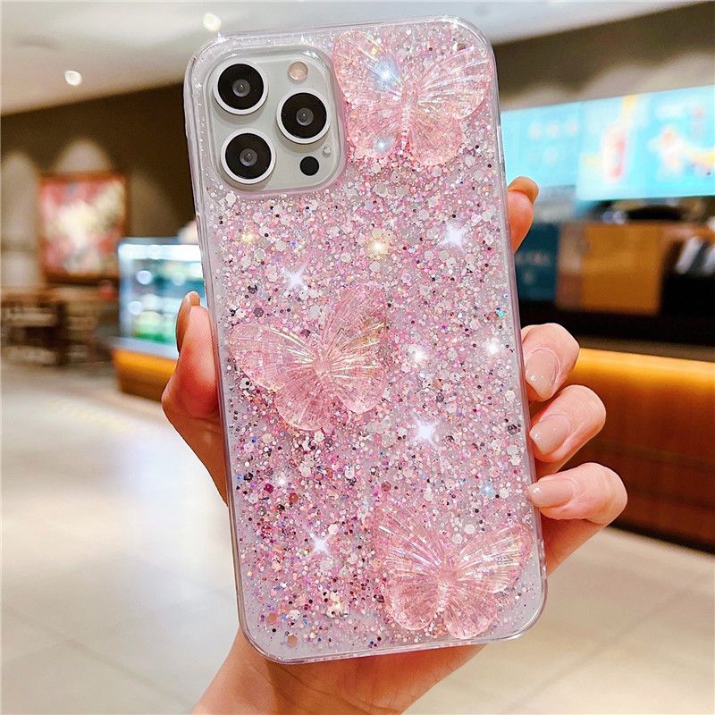 Glitter 3D Butterfly Soft Phone Case på til Samsung S22 Ultra S21 FE S20 Plus Transparent Cover A52 5G 4G A32 A22 A72 52_voghion.com