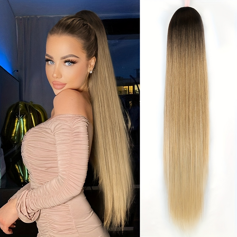 Synthetisches langes Puff-Pferdeschwanz-Haar, verworrenes natürliches Haar, verworrene gerade Kordelzug-Pferdeschwänze mit Clip-Gummiband_voghion.com