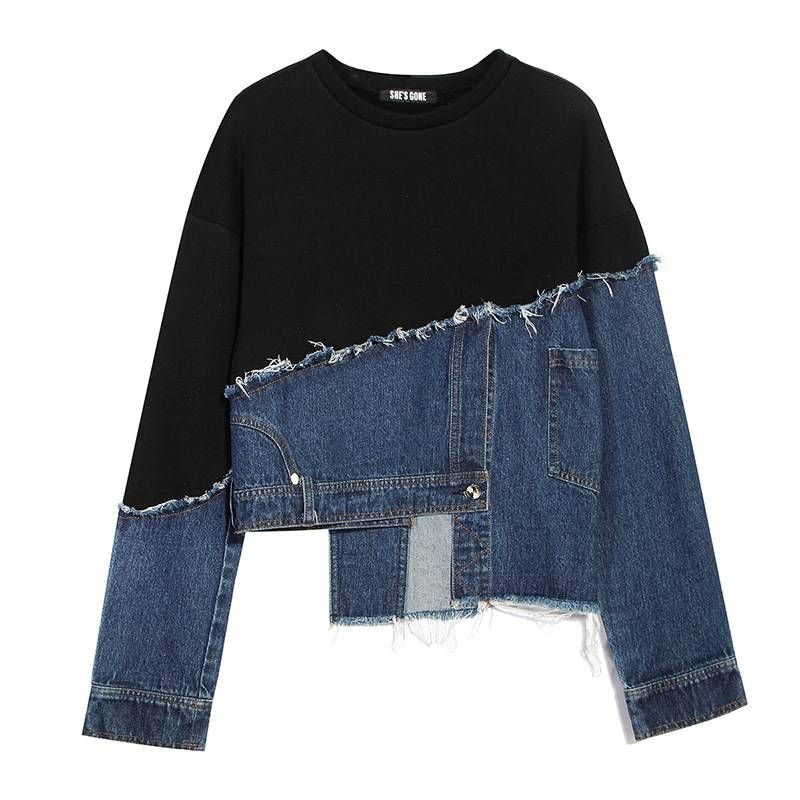 Hanorac casual pentru femeie, stil nou, cu personalitate, spălare asimetrică, cusături din denim, mărime plus, lejer_voghion.com