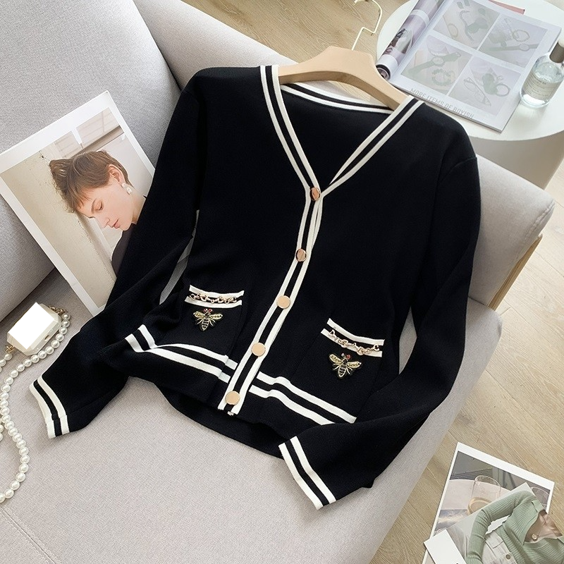 Cardigan negru tricotat pentru femei, toamnă și iarnă, haine de exterior noi, asortate cu culori, pulover slim, jachetă, top_voghion.com