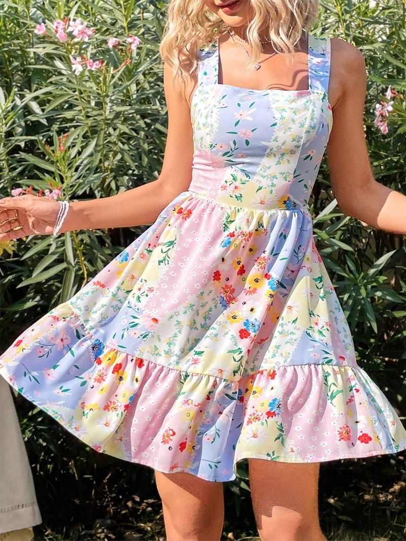 Printed A-line skirt holiday style square neck mid-skirt_voghion.com