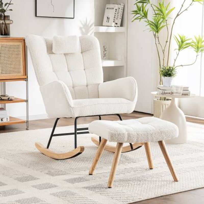 Sedia a dondolo ergonomica bianca alta 92 cm, larghezza seduta 65 cm, con 1 cuscino e 1 poggiapiedi (49*38*38 cm)_voghion.com