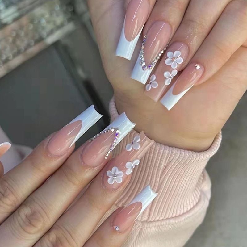 Valse 24 Stuks Frans met Lijm Kunstmatige Nep Lange Ballet Afneembare Afgewerkte Vingernagels Volledige Cover Druk op_voghion.com