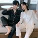Ice Silk Couple Pajamas | Spring, Summer, Autumn Silk Long Sleeved Pants Set, Sweet Home Time--Checkered Blue Style_voghion.com
