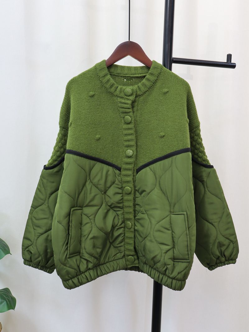 Damenbekleidung Gespleißte Strickjacke aus Baumwolle für Herbst und Winter, lockere Pulloverjacke im Lazy-Stil_voghion.com