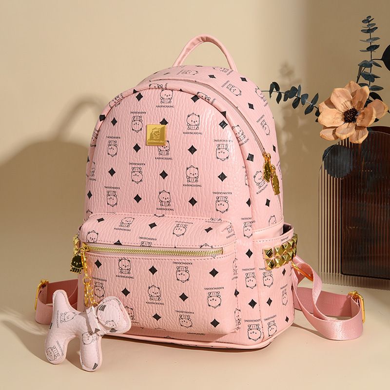 Mochila vintage com estampa de urso - Bolsa universitária com estampa fofa para mulheres, mochila escolar retrô_voghion.com