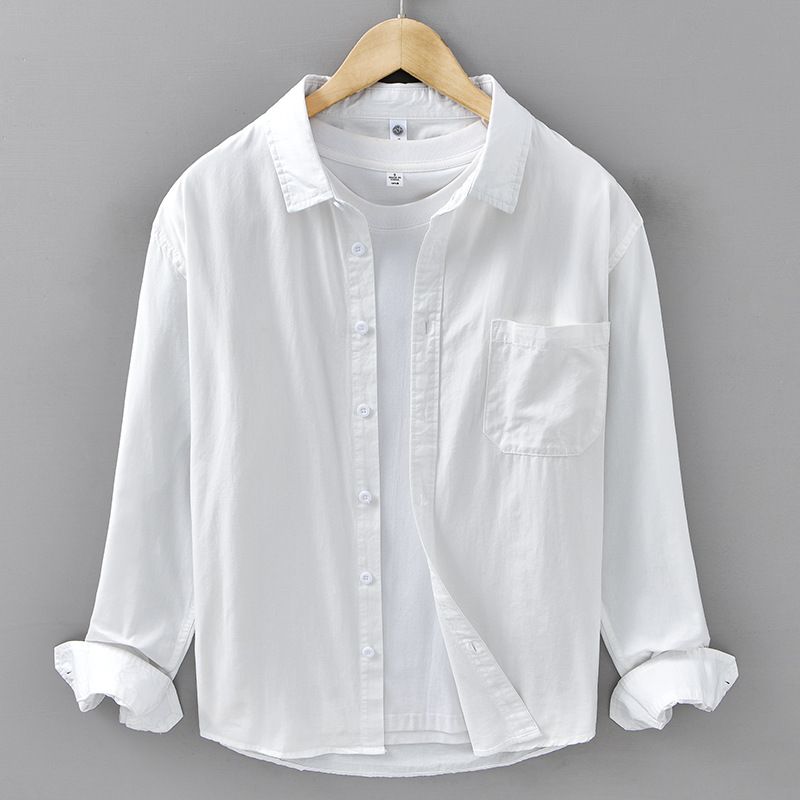 Spring Pure Cotton Simple And Versatile Men's Long Sleeved Shirt Casual Loose Men's Fresh Solid Color Youth Shirt_voghion.com