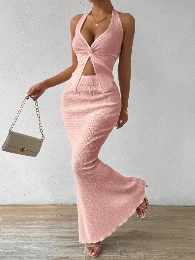 Conjunto elegante de dos piezas con top corto con cuello halter y falda midi de cola de pez de color liso para mujer, estilo europeo y americano, con cuerno de oveja_voghion.com