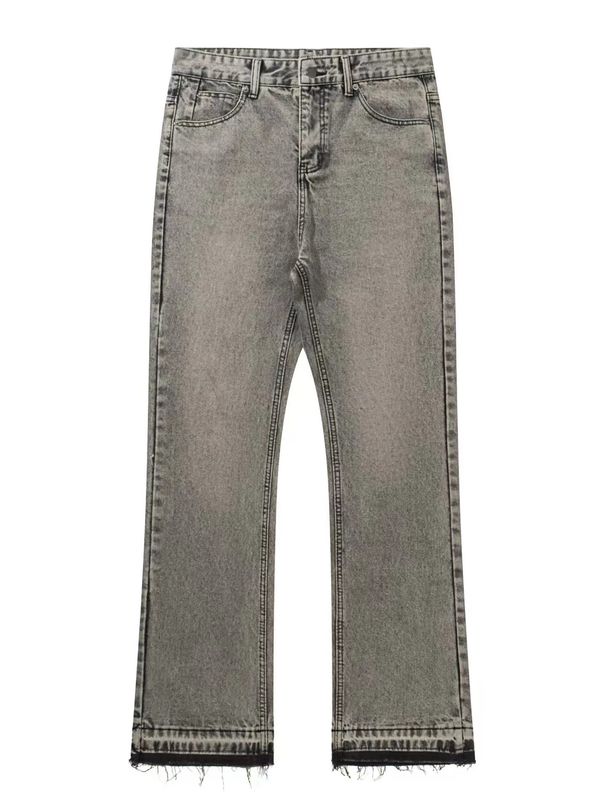 Men's Clothing Version Of The Washed Hem Tassel Slightly Flared Grey Jeans Retro High Street Vibe Style Men's Trend_voghion.com