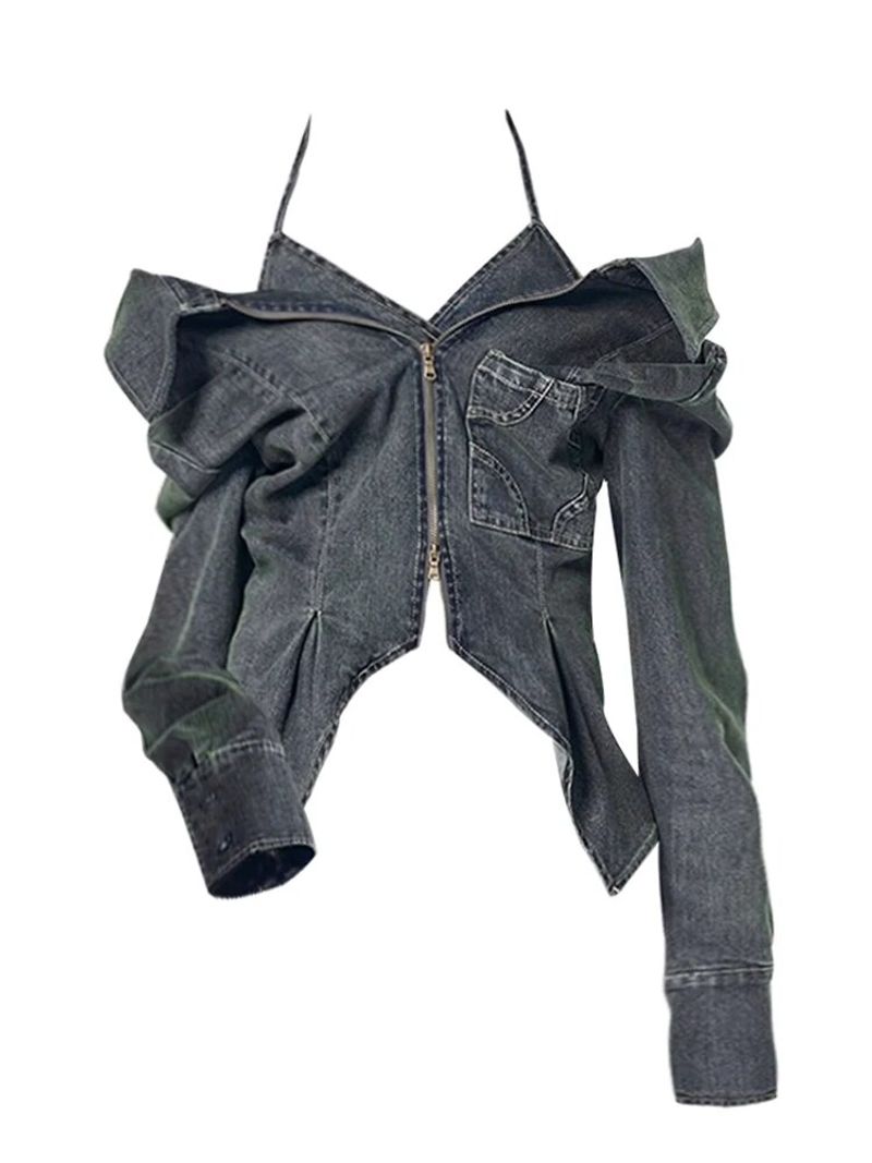 New Fall Women Gyaru Hot Design Full Zip Denim Crop Shirts Vintage 2000s Aesthetic Korean Fashion Long Sleeve Blouses +506_voghion.com