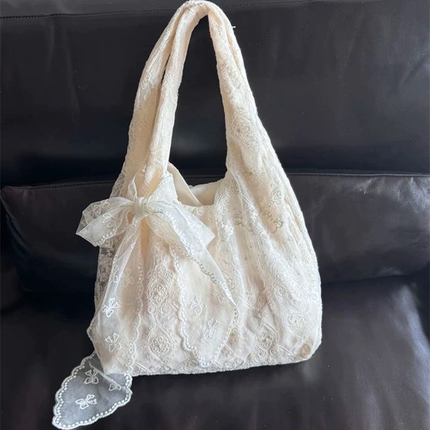 Korean Style Fresh Lace Flower Canvas For Women 2025 New Large Capacity Shoulder Tote Commuter Underarm Bag_voghion.com
