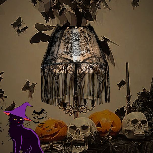 Halloween Lace Decorations – Bat & Skull Pattern Coffee Curtain, Lamp Shade, Party Decor – 150×52cm Polyester For Spooky Elegant Ambiance_voghion.com