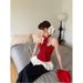 Ballet Style Red Polka Dot Bow Camisole Vest For Women's Summer Design, Patchwork Ruffle Edge Ribbon Top_voghion.com