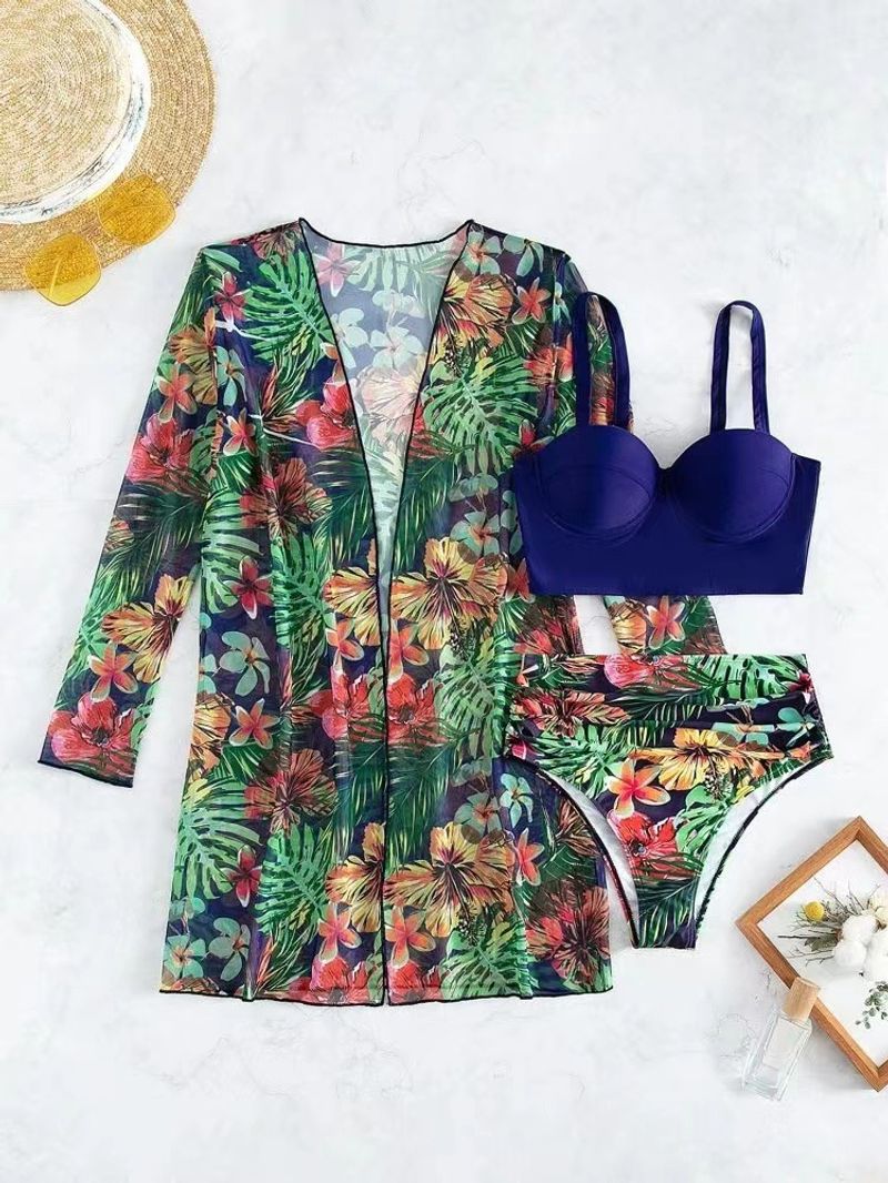 Driedelige damesbikini-mesh-set met sexy split en print voor dames_voghion.com
