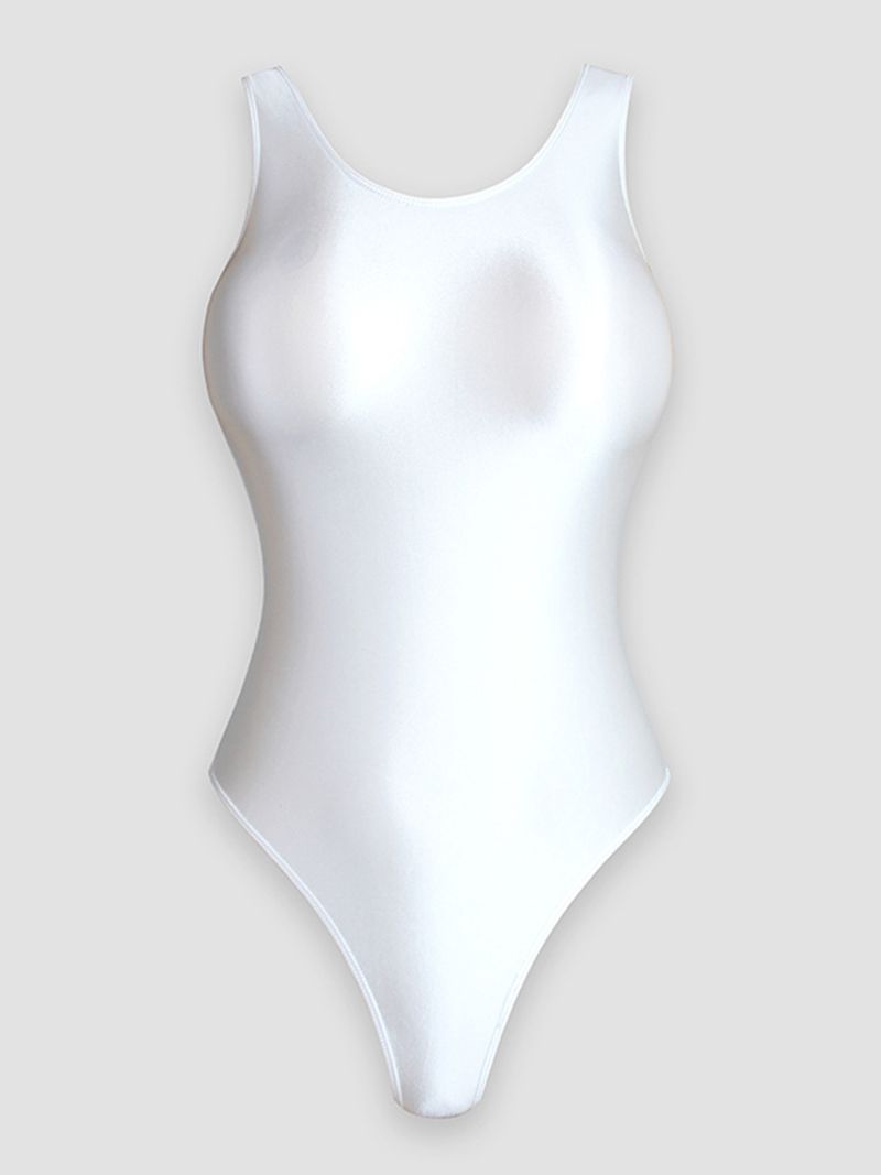 Abbigliamento da donna Body attillato lucido in seta tinta unita fondo scollo rotondo Body modellante setoso alto forcella Shebin Body ginnastica costume da bagno_voghion.com