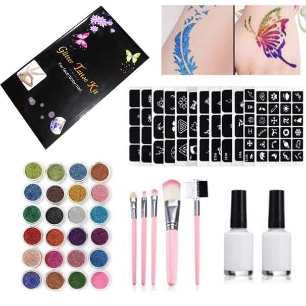 24 colores 125 plantillas de tatuajes Flash Diamond Glitter Flash Powder para tatuajes temporales para niños Herramientas de arte para pintar el cuerpo y la cara_voghion.com