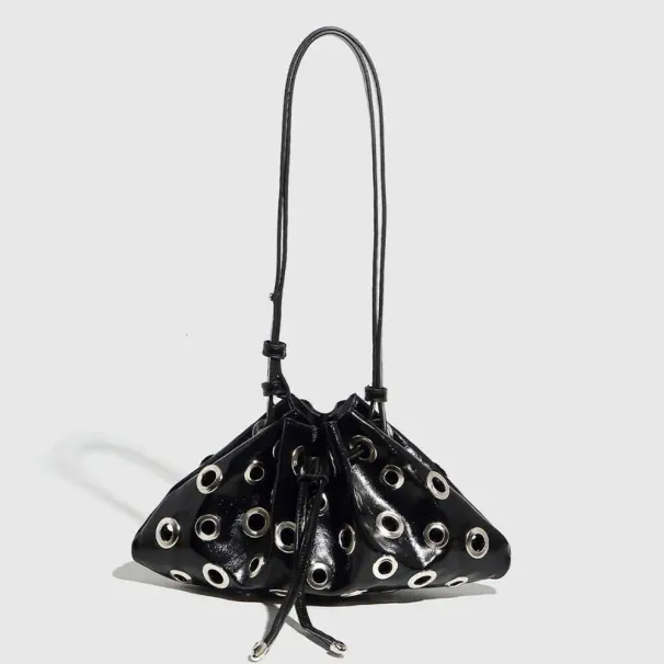 Borse a secchiello con coulisse, borse di alta qualità, mini borse eleganti, borse a tracolla con rivetti cavi, 2025_voghion.com