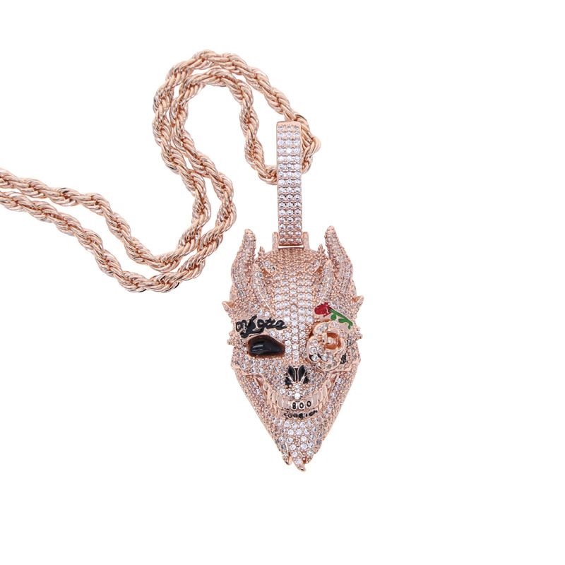 Collana con ciondolo a forma di teschio hip hop da uomo - Gioielli alla moda in stile gotico con catena a corda in argento, oro, oro rosa_voghion.com