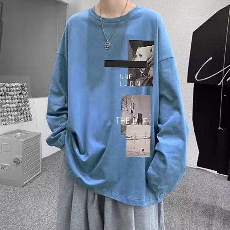 T-shirt stampata per uomo, versatile, ampia e casual, girocollo, maniche lunghe, con strato di base sotto_voghion.com