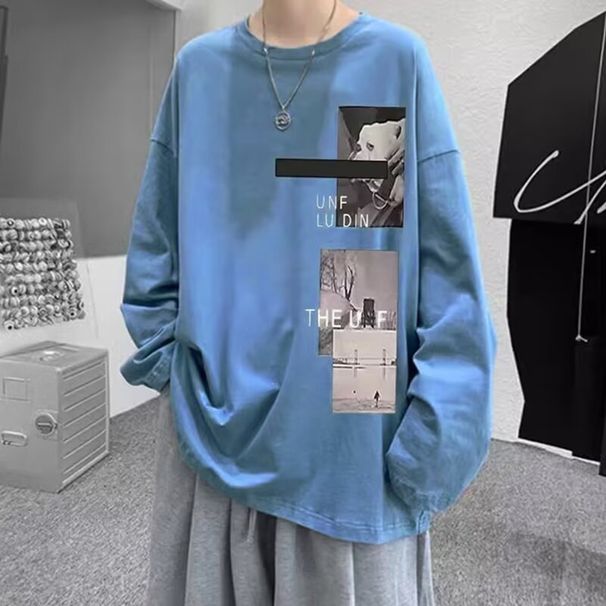 T-shirt stampata per uomo, versatile, ampia e casual, girocollo, maniche lunghe, con strato di base sotto_voghion.com