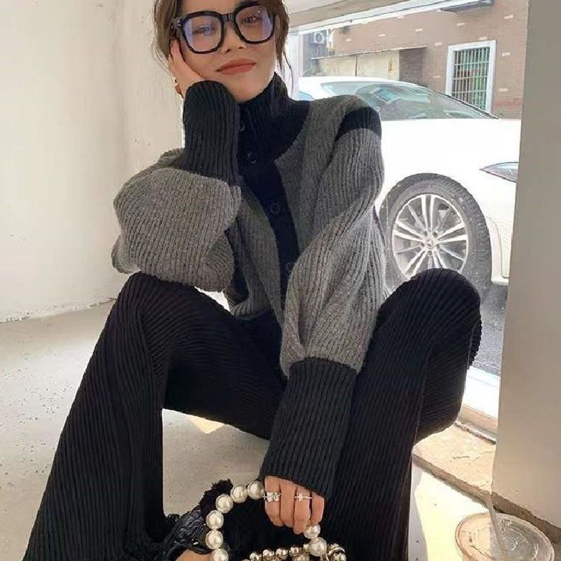 Color blocked knitted high neck cardigan 2023 autumn and winter loose oversized jacket fashion Korean version trendy_voghion.com