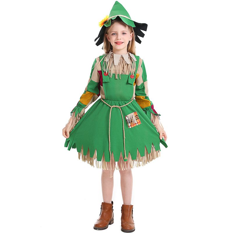 Halloween kinderkostuum, groene nep, twee meisjespoppenjurken met bloemen en patches, stropoppenkleding_voghion.com