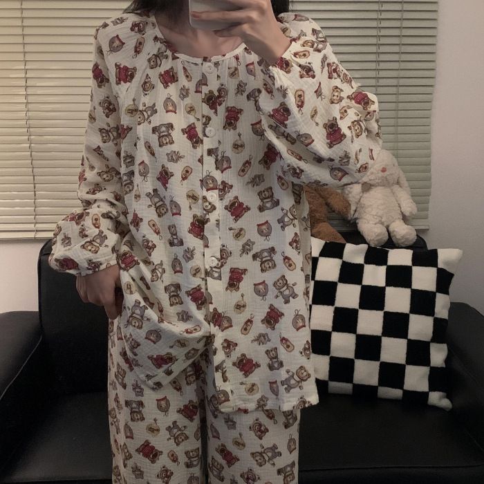 New pajama women's spring autumn long sleeved bubble cotton Korean version sweet and soft home suit set_voghion.com