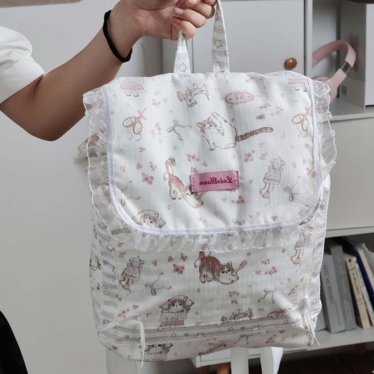 Girly Heart Large Capacity Cat Canvas Backpack Mori Style Floral Commuter Tote Bag Casual Handbag_voghion.com