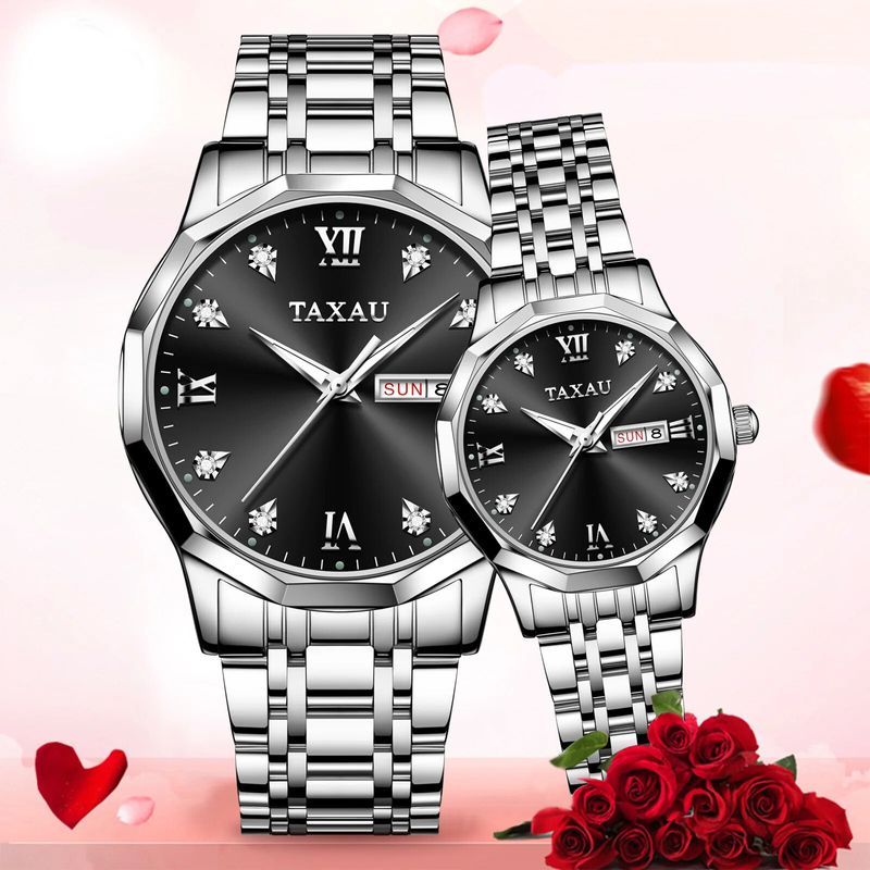 TAXAU Original Couple Watch for Men and Women Stainless Steel Waterproof Fashion Quartz Lovers Watches Week Date Display_voghion.com