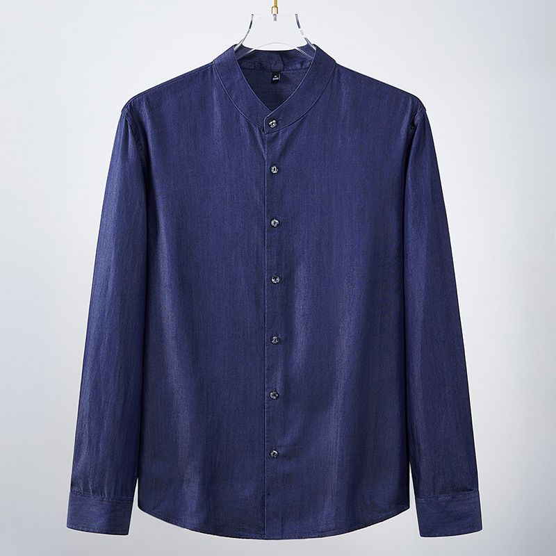 Tencel Lyocell Cool Denim Gömlek Erkek Dik Yaka 2025 İlkbahar Ve Sonbahar Trendi Her Maç Günlük Gömlek Uzun Kollu_voghion.com