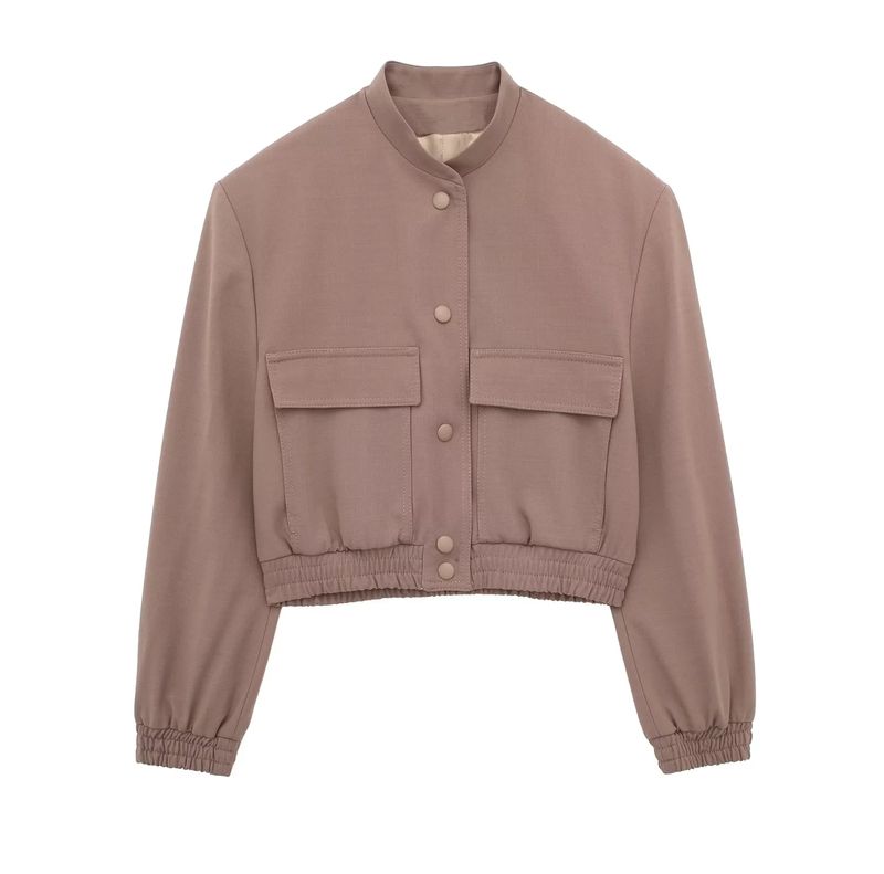 TRAF Vinage Solid Long Sleeve Bomber Jacke Spring Women Casual Coas Sreewear 2023 Female Elegan Lapel Zipper_voghion.com