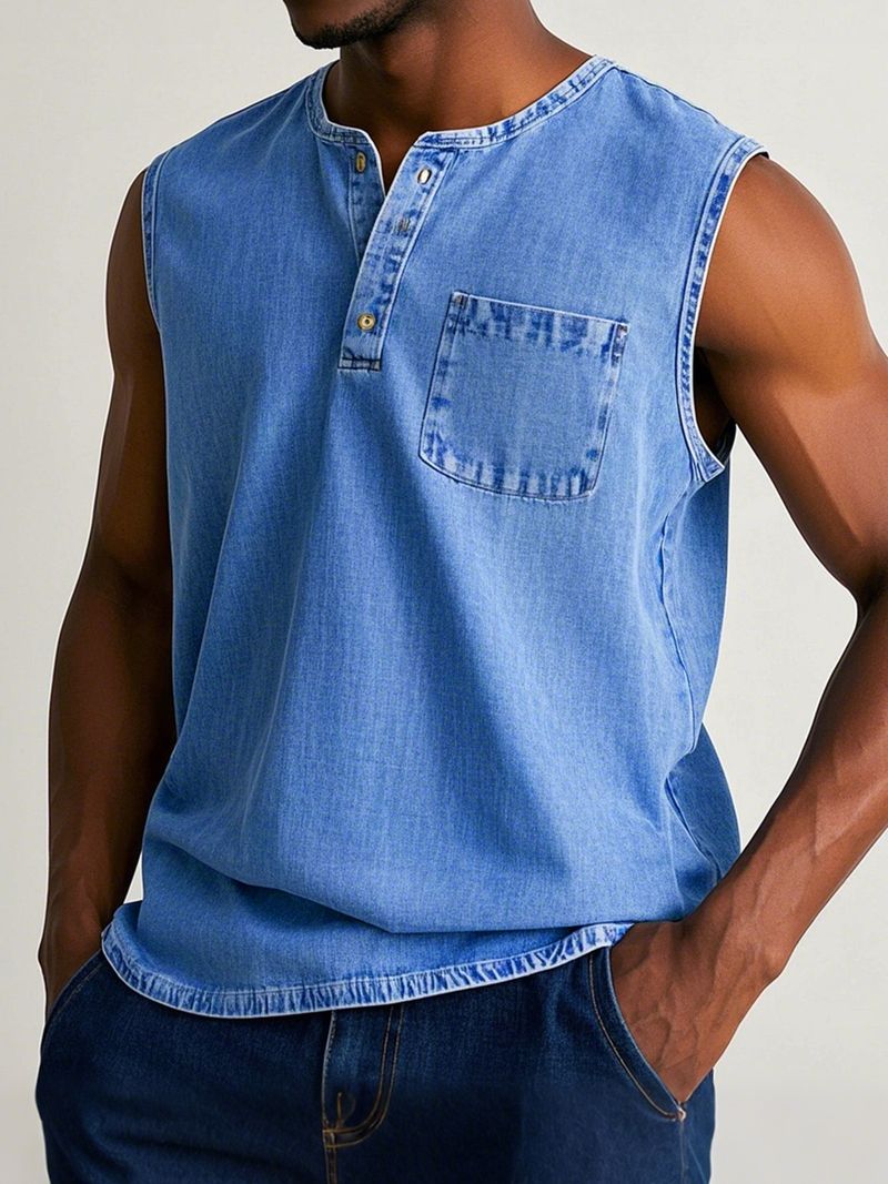 Frühling und Herbst 3D-gedrucktes ärmelloses Drei-Knopf-T-Shirt für junge Männer mit offenem Vorderteil_voghion.com