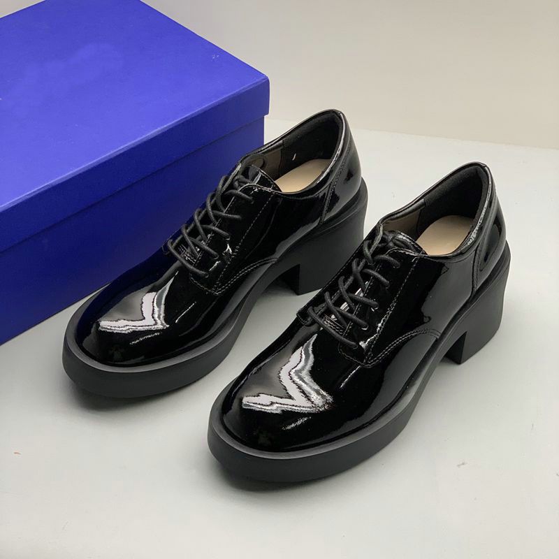 Pra Thick Sole Patent Leather Triangle Logo Women's 2025 Autumn New Slip-On British Style High Heel Single Shoes_voghion.com
