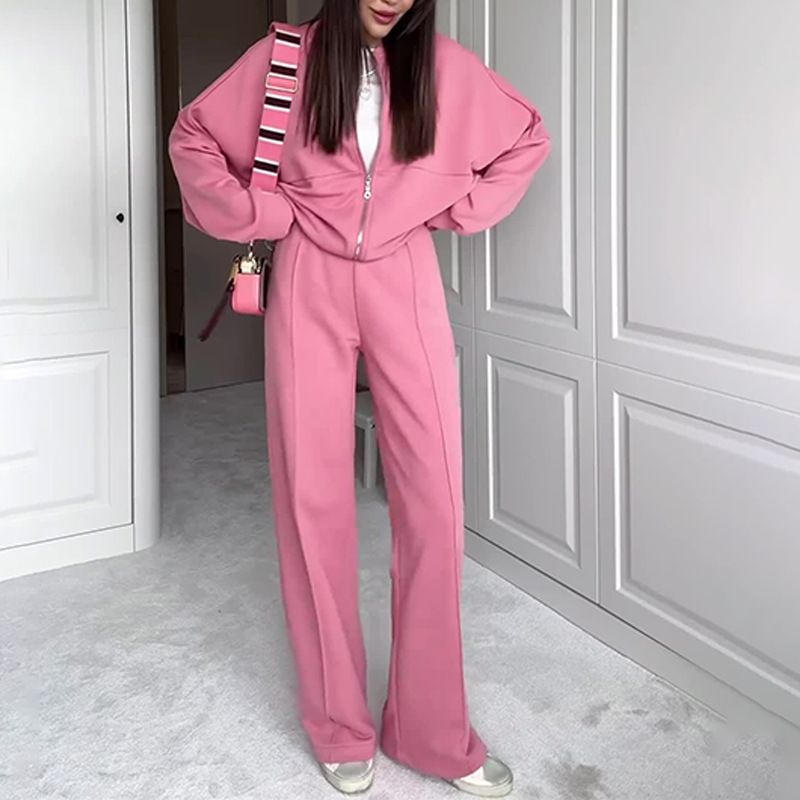 Women’s Zip-Up Hoodie & Wide-Leg Jogger Set – High-Neck Lounge Wear With Stretch Cuffs & Waist, Oversized Casual Outfit For All Seasons​_voghion.com
