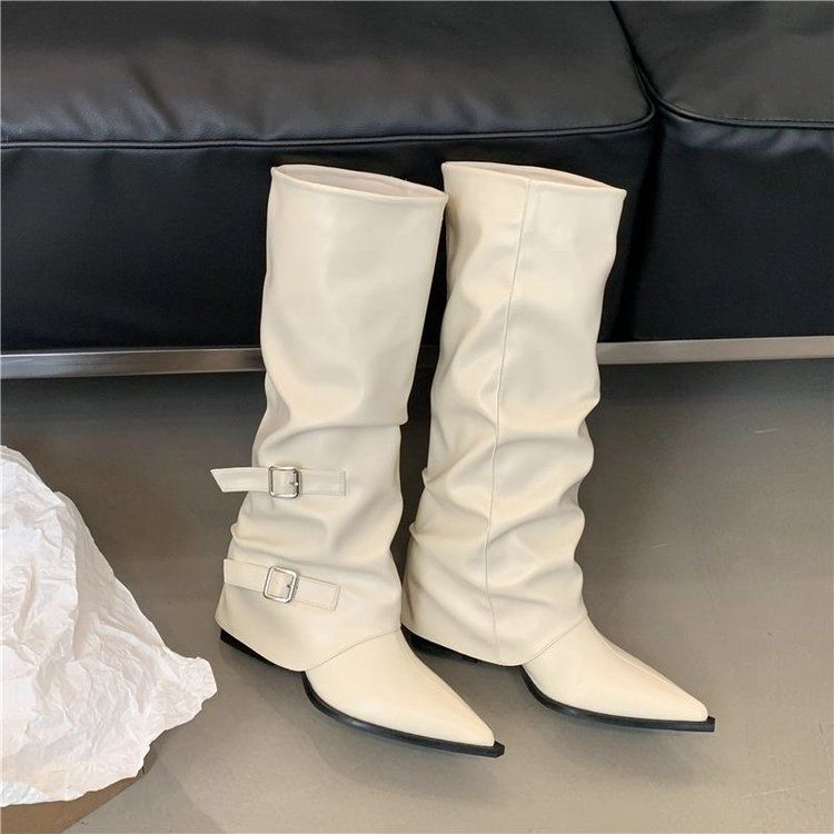 ShoeGlobe ShoeGlobe Pointed Toe Buckle Pleated Slouch For Women, Chunky 2025 Punk Riding Boots, Street Style Hot Girl High Heel Long Boots_voghion.com