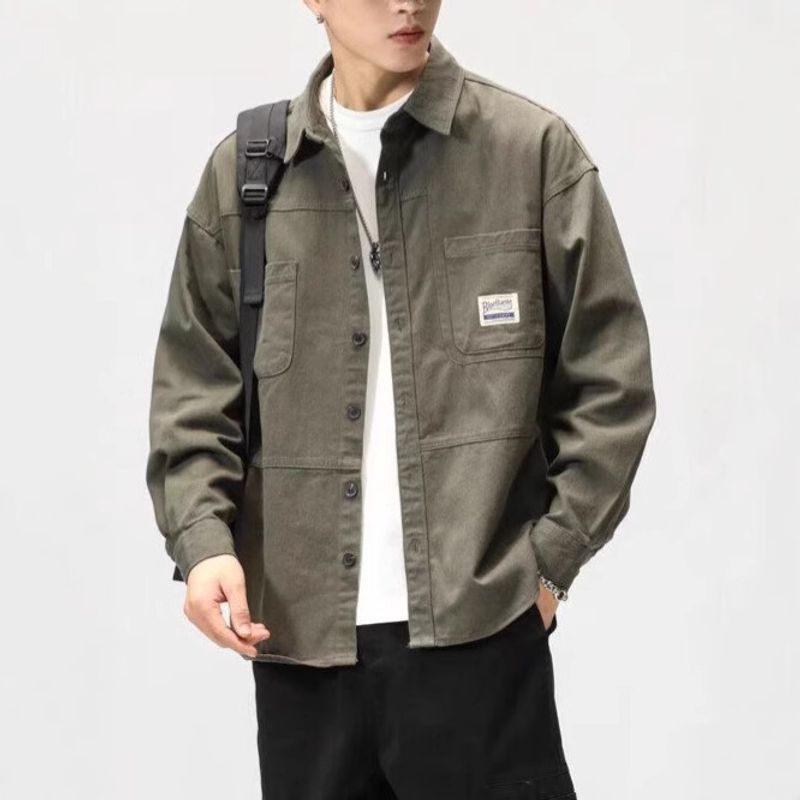 High quality spring and autumn workwear, pure cotton jacket, men's cardigan, loose oversized casual long sleeved shirt_voghion.com