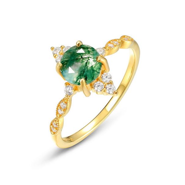 Anello retrò leggero di lusso verde muschio anello da donna in argento S925 intarsiato con erba d'acqua e agata moda tutto abbinato_voghion.com