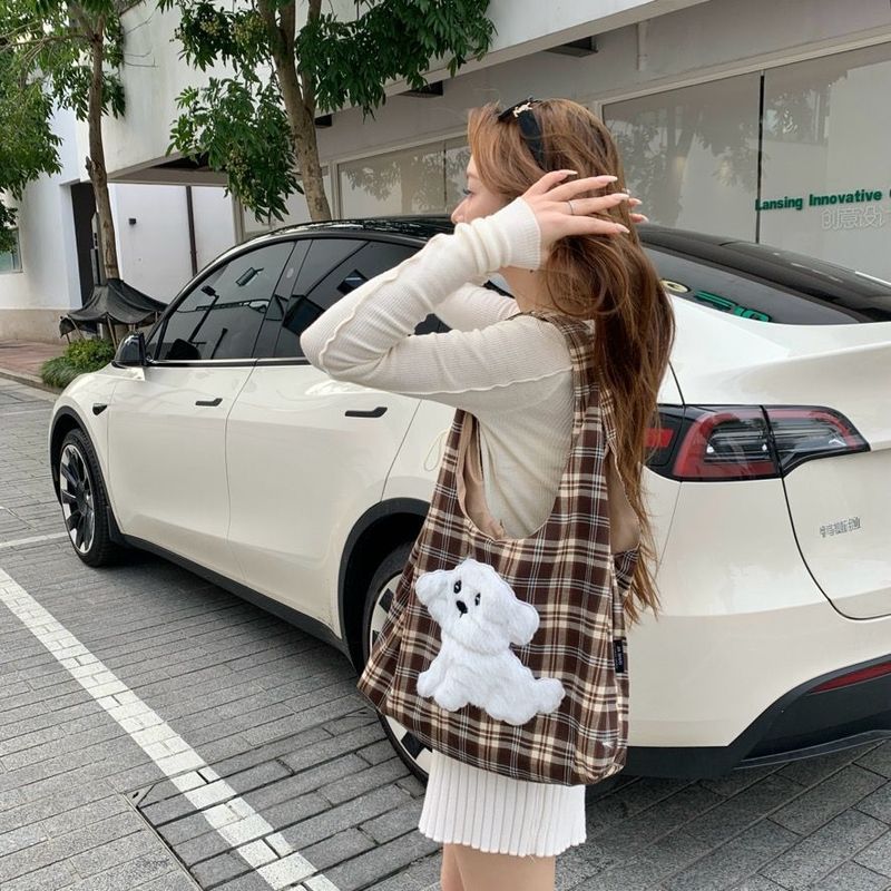 Herbst Winter Mode Plüsch Cartoon Bär Plaid Weste Student Große Kapazität Leinwand Mädchen Casual Schulter Tasche_voghion.com