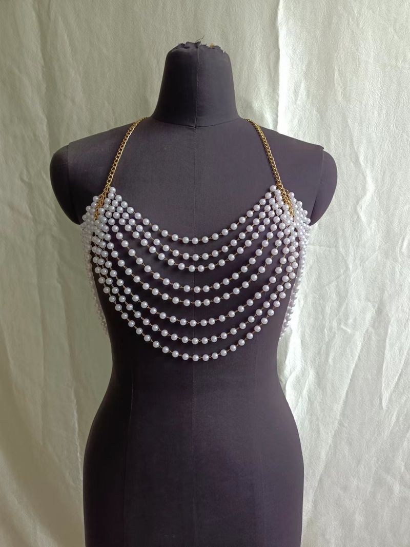Multi-layer fringe pearl chain pure hand-stitched fashion halter top small vest body chain_voghion.com