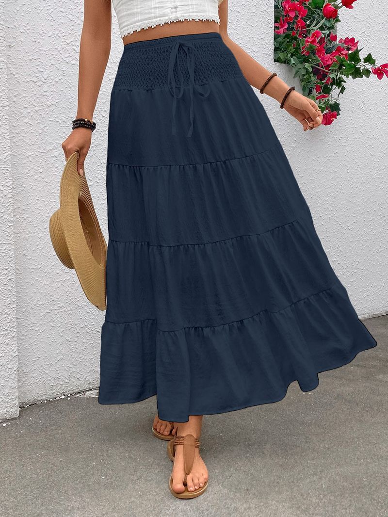 Elastic High Waist Bohemian A-Line Skirt - Flowy Long Skirt With Belt Detail, Polyester Stretchy Midi Skirt For Women, Casual Office Dress_voghion.com